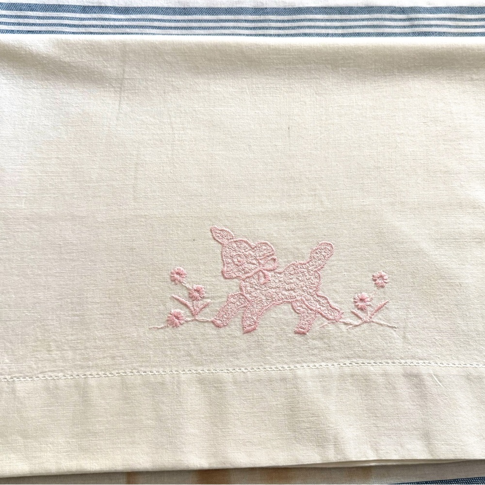 White Cotton Baby Pillowcase with Pink Embroidered Lamb